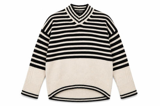 Next Womens Black Beige Striped V-Neck Pullover Jumper Size M