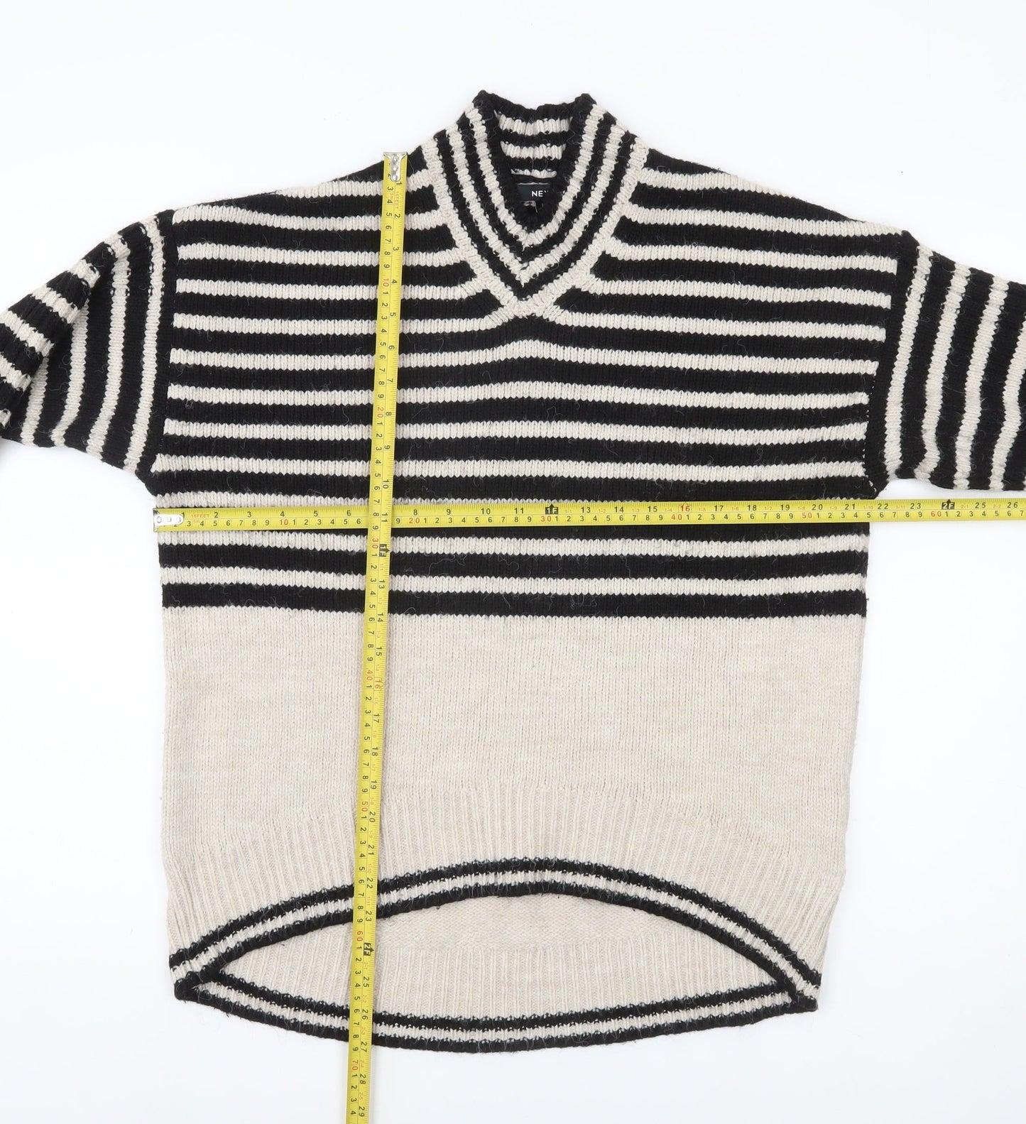 Next Womens Black Beige Striped V-Neck Pullover Jumper Size M