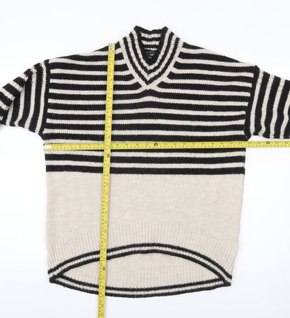 Next Womens Black Beige Striped V-Neck Pullover Jumper Size M