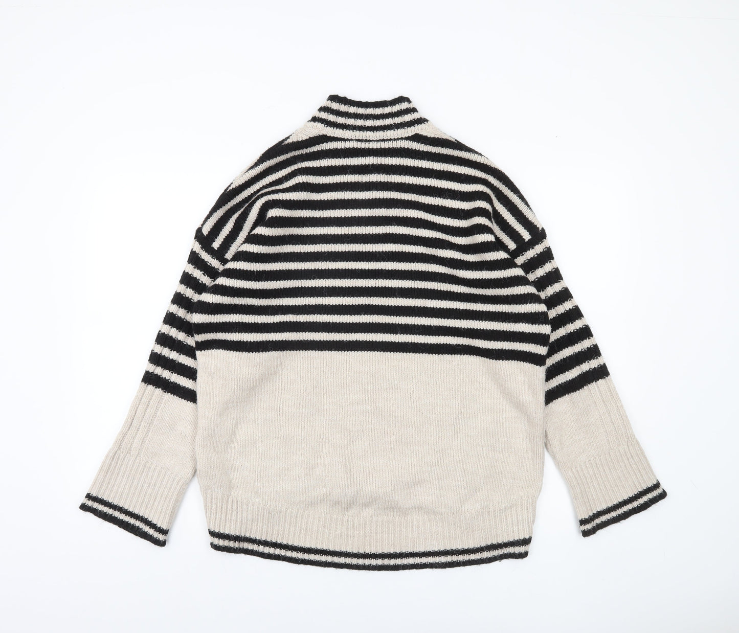 Next Womens Black Beige Striped V-Neck Pullover Jumper Size M