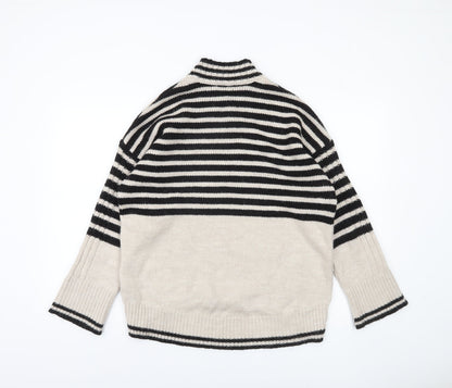 Next Womens Black Beige Striped V-Neck Pullover Jumper Size M