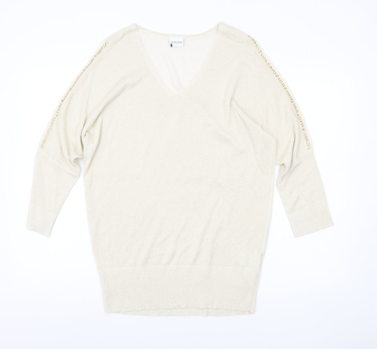 Together Womens Beige V-Neck Jumper Size 14 3/4 Sleeve Knit