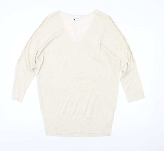 Together Womens Beige V-Neck Jumper Size 14 3/4 Sleeve Knit