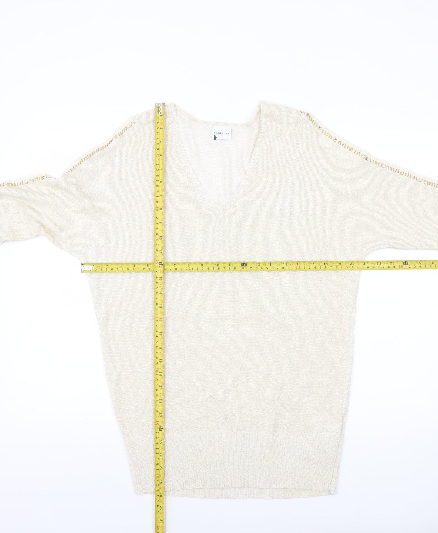 Together Womens Beige V-Neck Jumper Size 14 3/4 Sleeve Knit