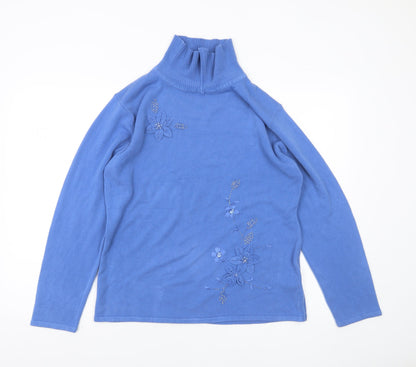 Dixie Womens Blue Roll Neck Floral Embroidered Jumper L