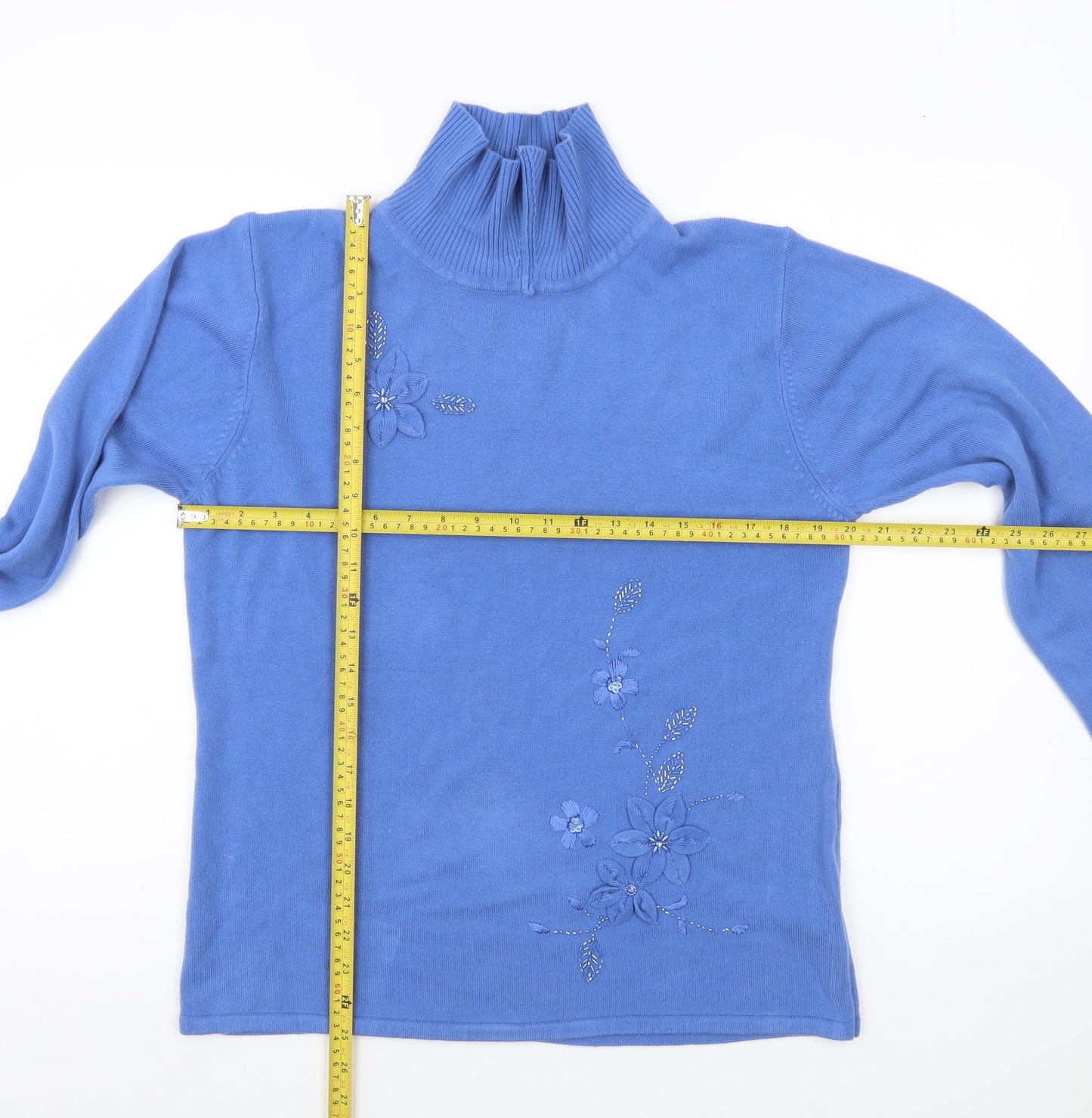 Dixie Womens Blue Roll Neck Floral Embroidered Jumper L