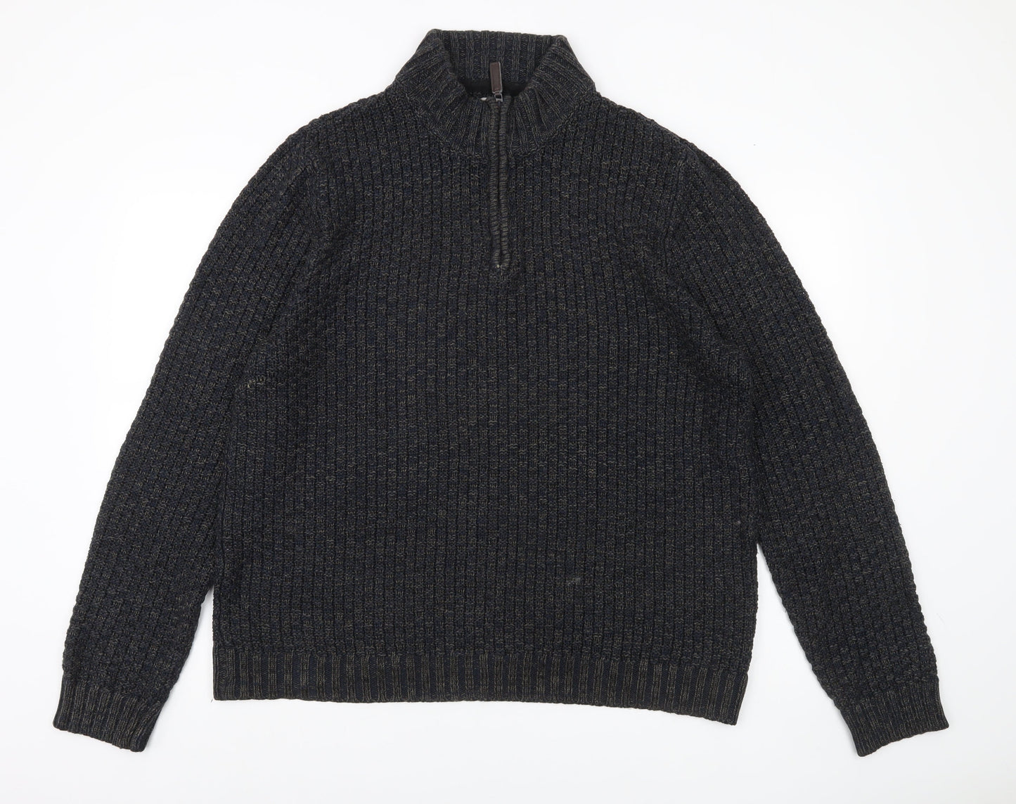 Tu Mens Black L Waffle-Knit 1/4 Zip Pullover Jumper