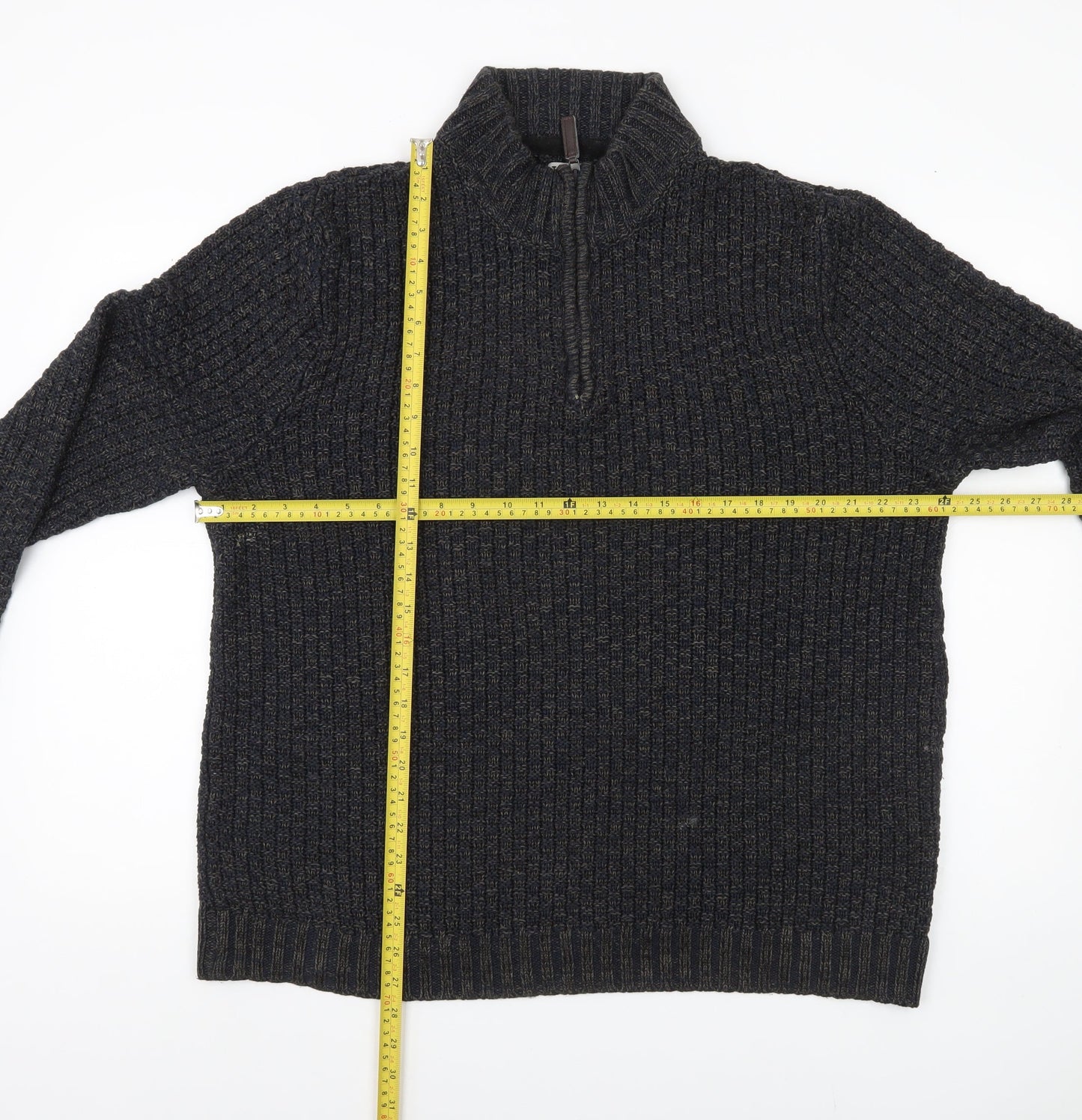 Tu Mens Black L Waffle-Knit 1/4 Zip Pullover Jumper