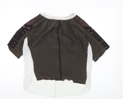 Karen Millen Womens Brown Silk Boho Blouse UK 12 Geometric Embroidered