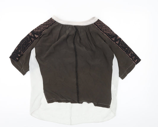 Karen Millen Womens Brown Silk Boho Blouse UK 12 Geometric Embroidered