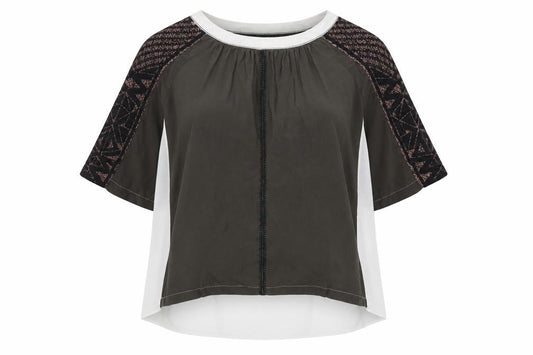 Karen Millen Womens Brown Silk Boho Blouse UK 12 Geometric Embroidered