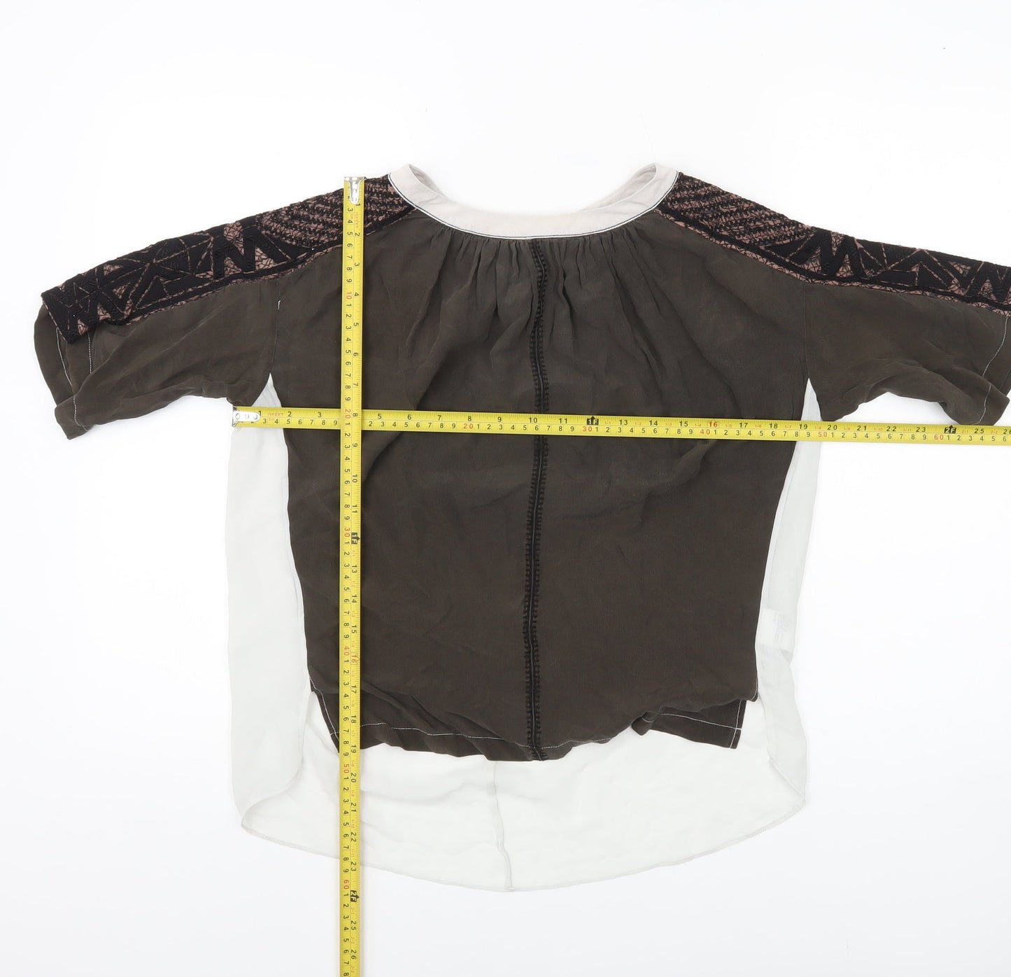 Karen Millen Womens Brown Silk Boho Blouse UK 12 Geometric Embroidered
