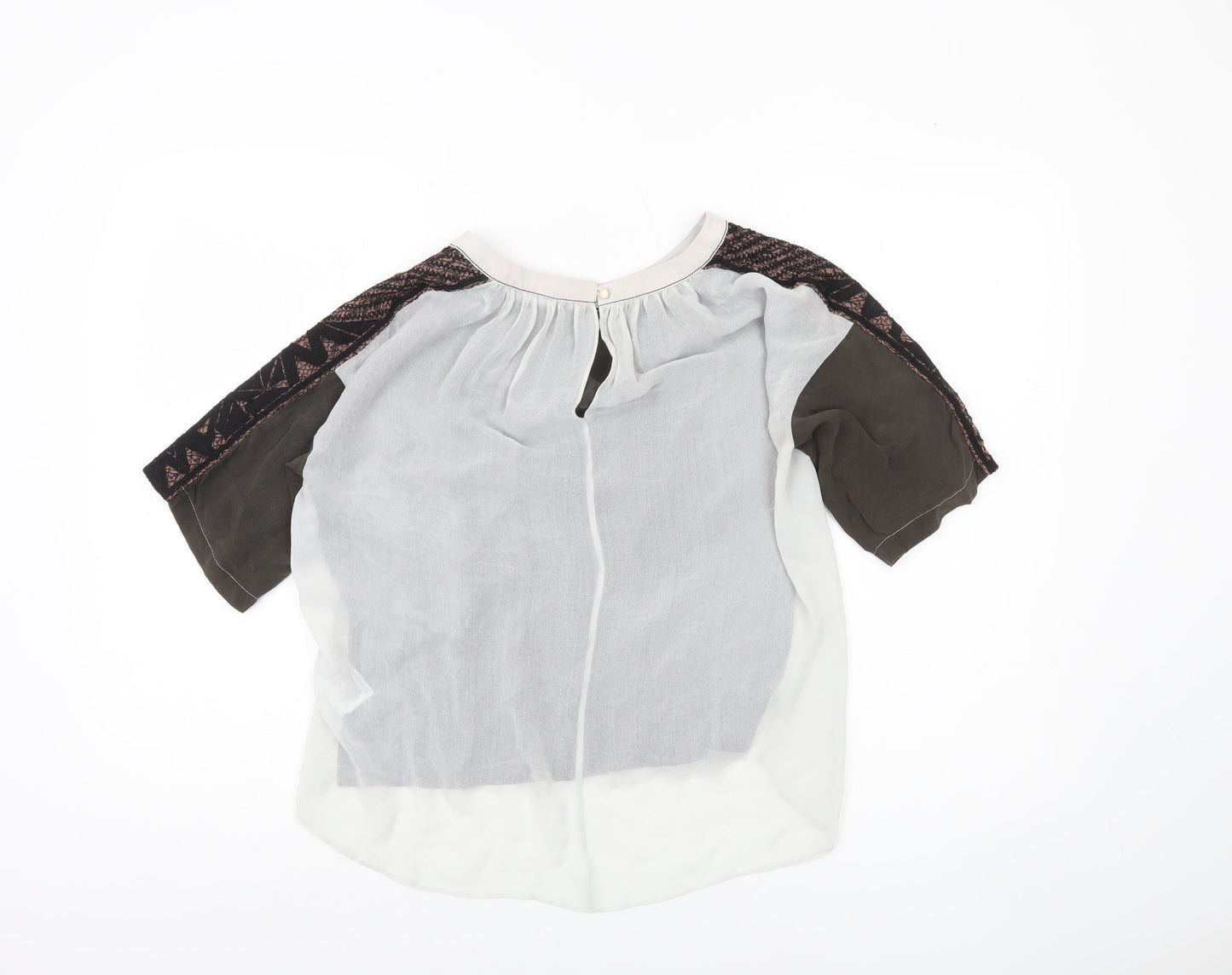 Karen Millen Womens Brown Silk Boho Blouse UK 12 Geometric Embroidered