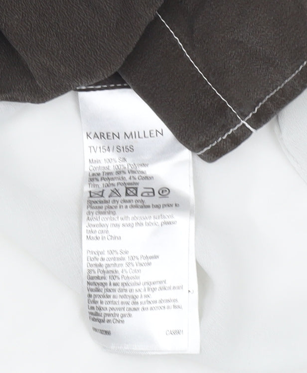 Karen Millen Womens Brown Silk Boho Blouse UK 12 Geometric Embroidered