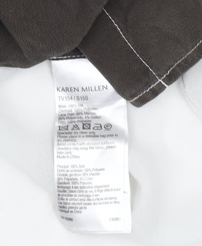 Karen Millen Womens Brown Silk Boho Blouse UK 12 Geometric Embroidered