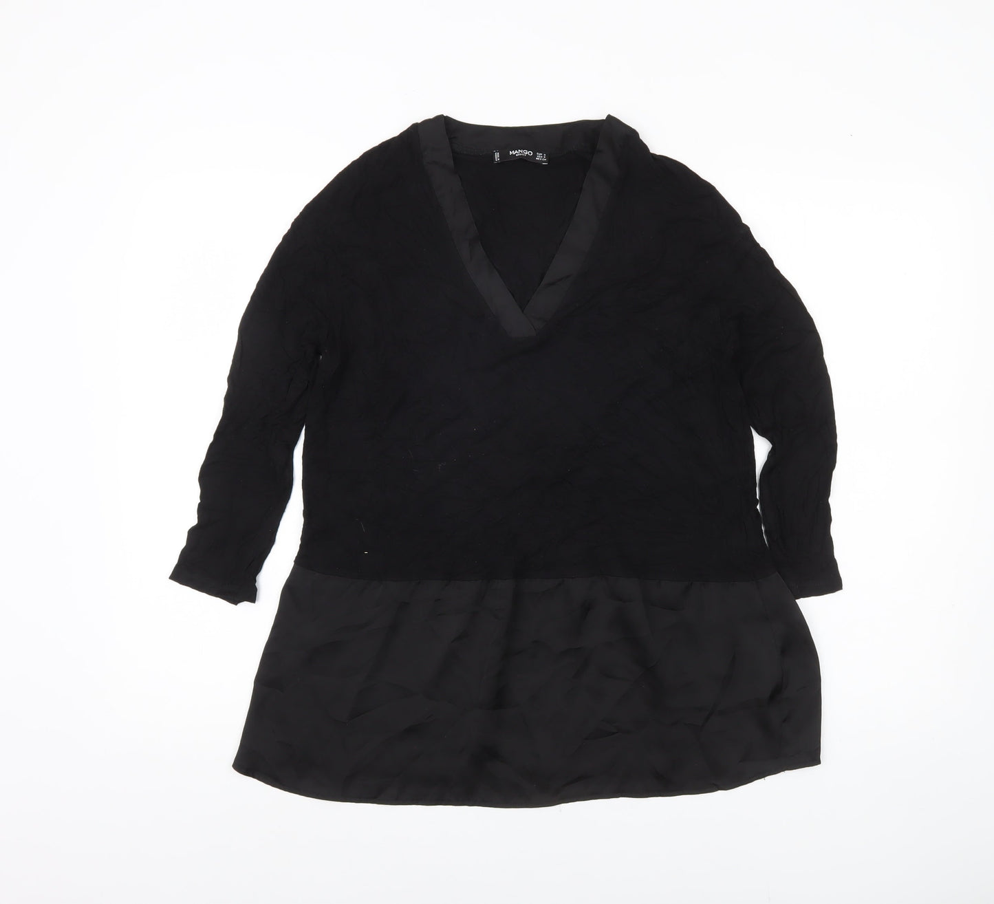 Mango Women Black Tunic Blouse V-Neck Size 8 3/4 Sleeve