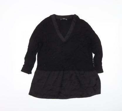 Mango Women Black Tunic Blouse V-Neck Size 8 3/4 Sleeve