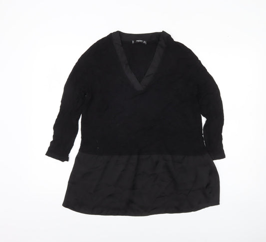 Mango Women Black Tunic Blouse V-Neck Size 8 3/4 Sleeve