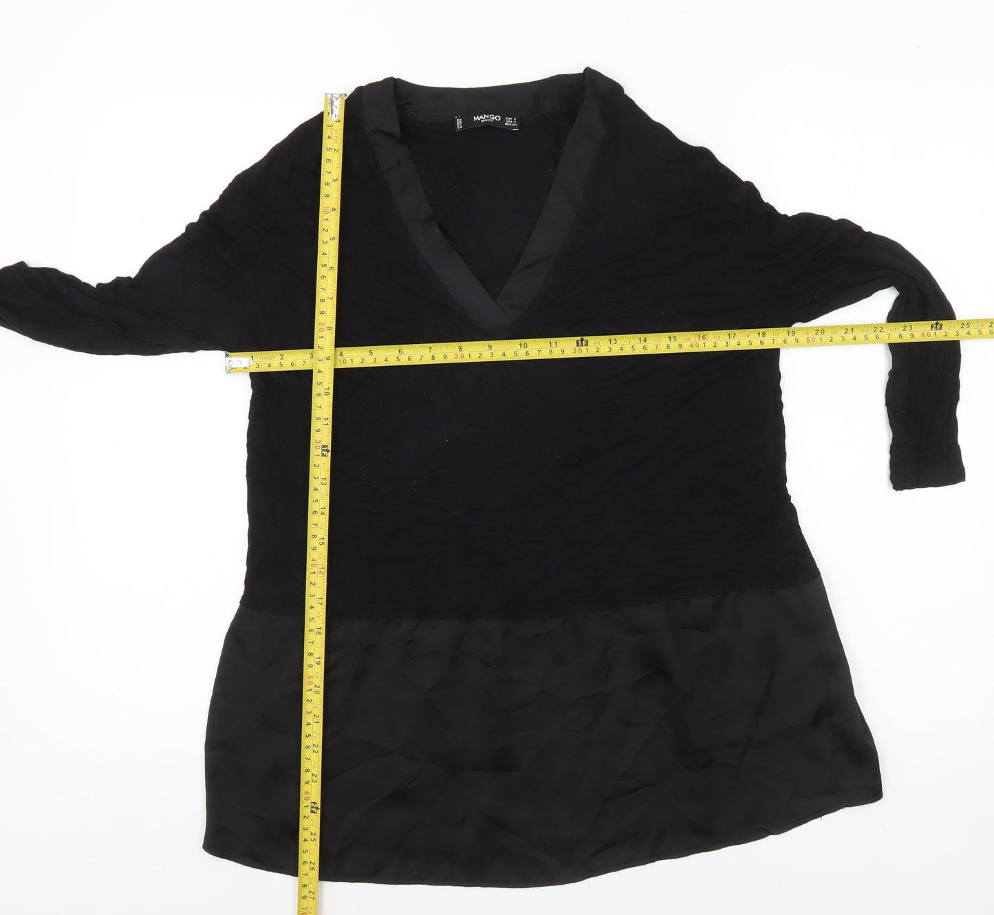 Mango Women Black Tunic Blouse V-Neck Size 8 3/4 Sleeve