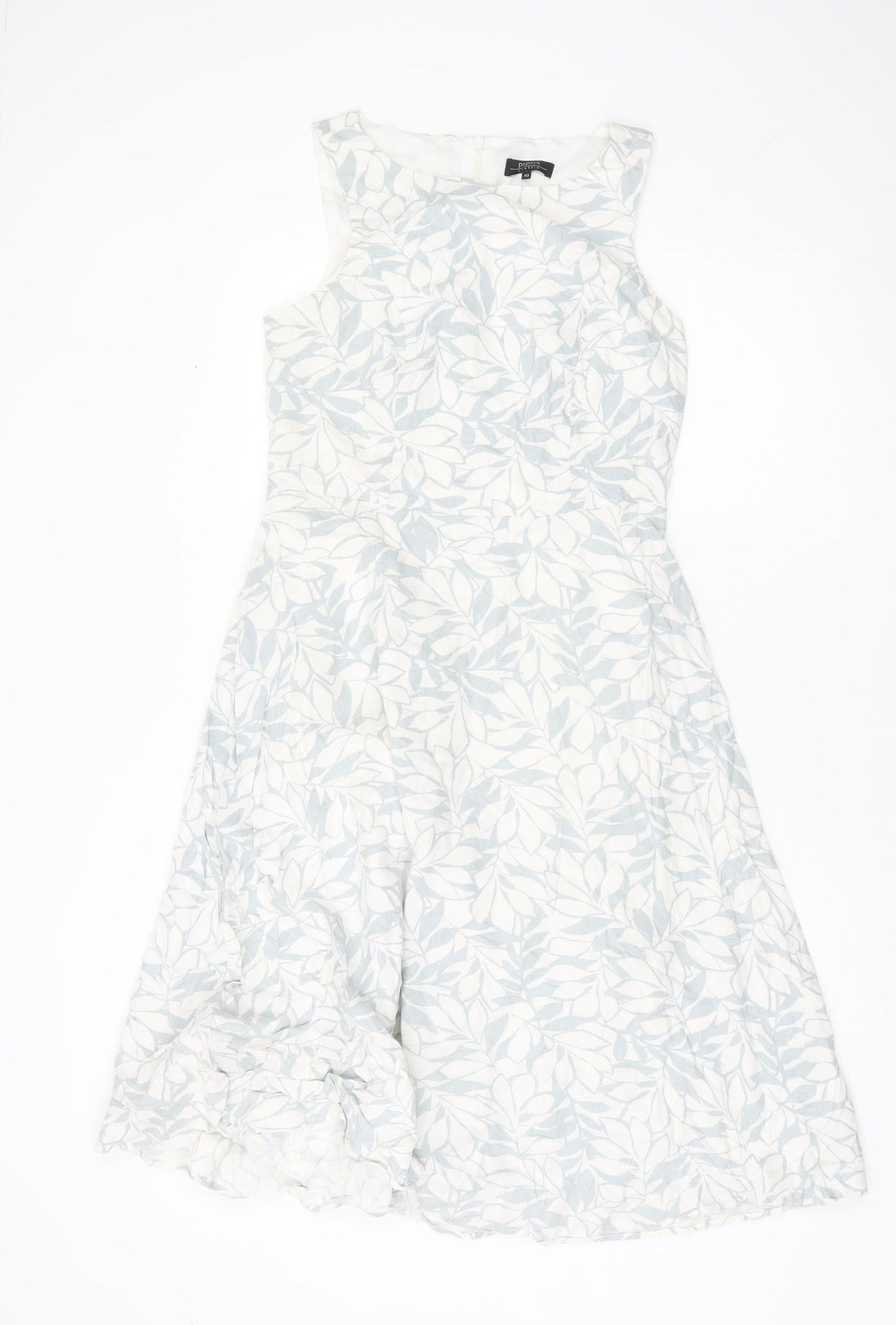 Papaya Women’s White Blue Floral Linen Blend A-Line Dress UK 10