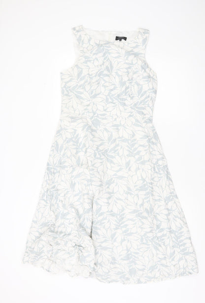 Papaya Women’s White Blue Floral Linen Blend A-Line Dress UK 10