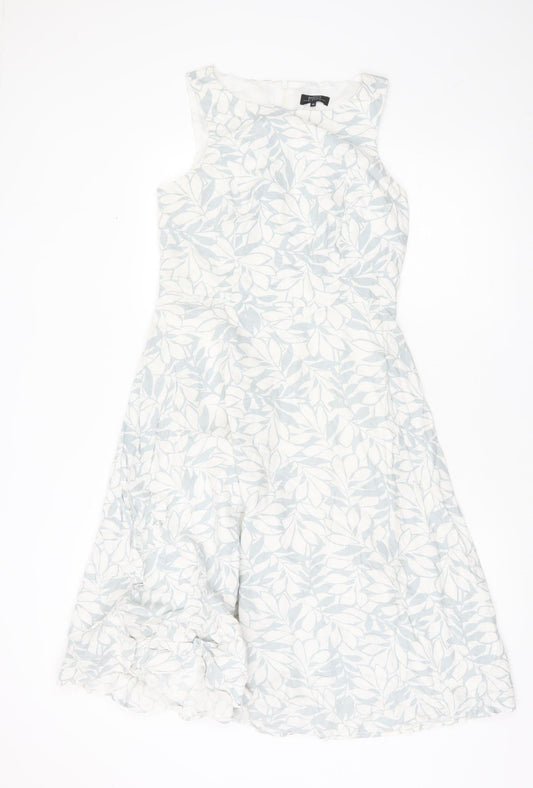 Papaya Women’s White Blue Floral Linen Blend A-Line Dress UK 10