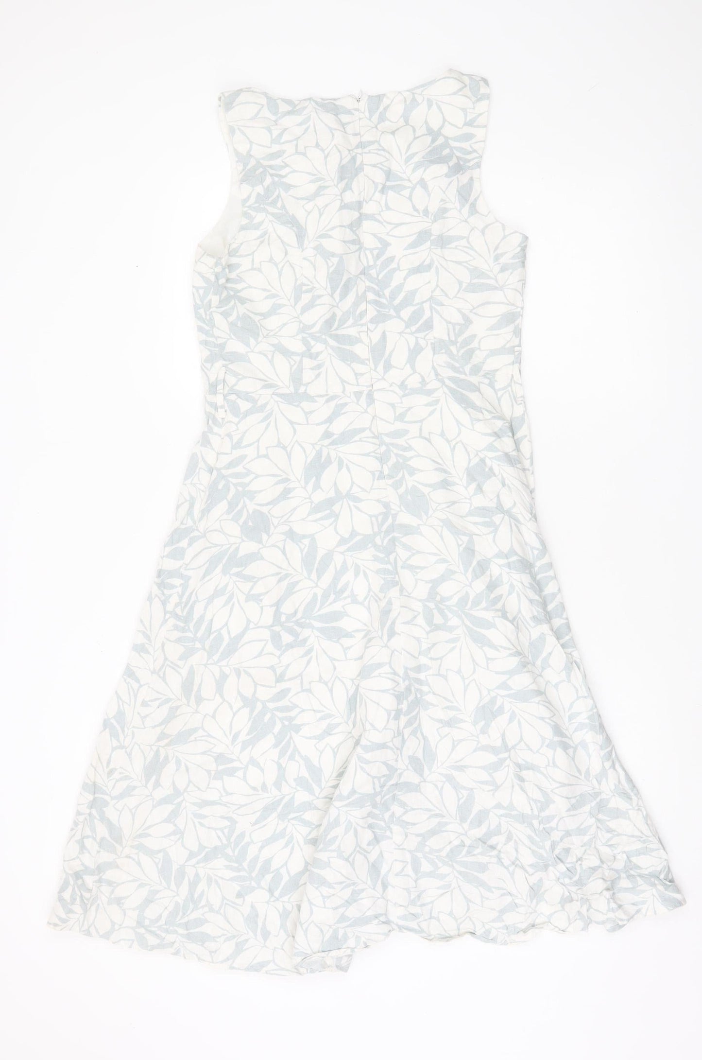 Papaya Women’s White Blue Floral Linen Blend A-Line Dress UK 10