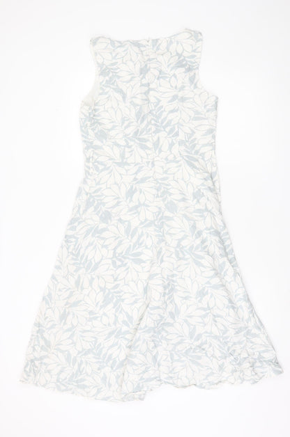 Papaya Women’s White Blue Floral Linen Blend A-Line Dress UK 10