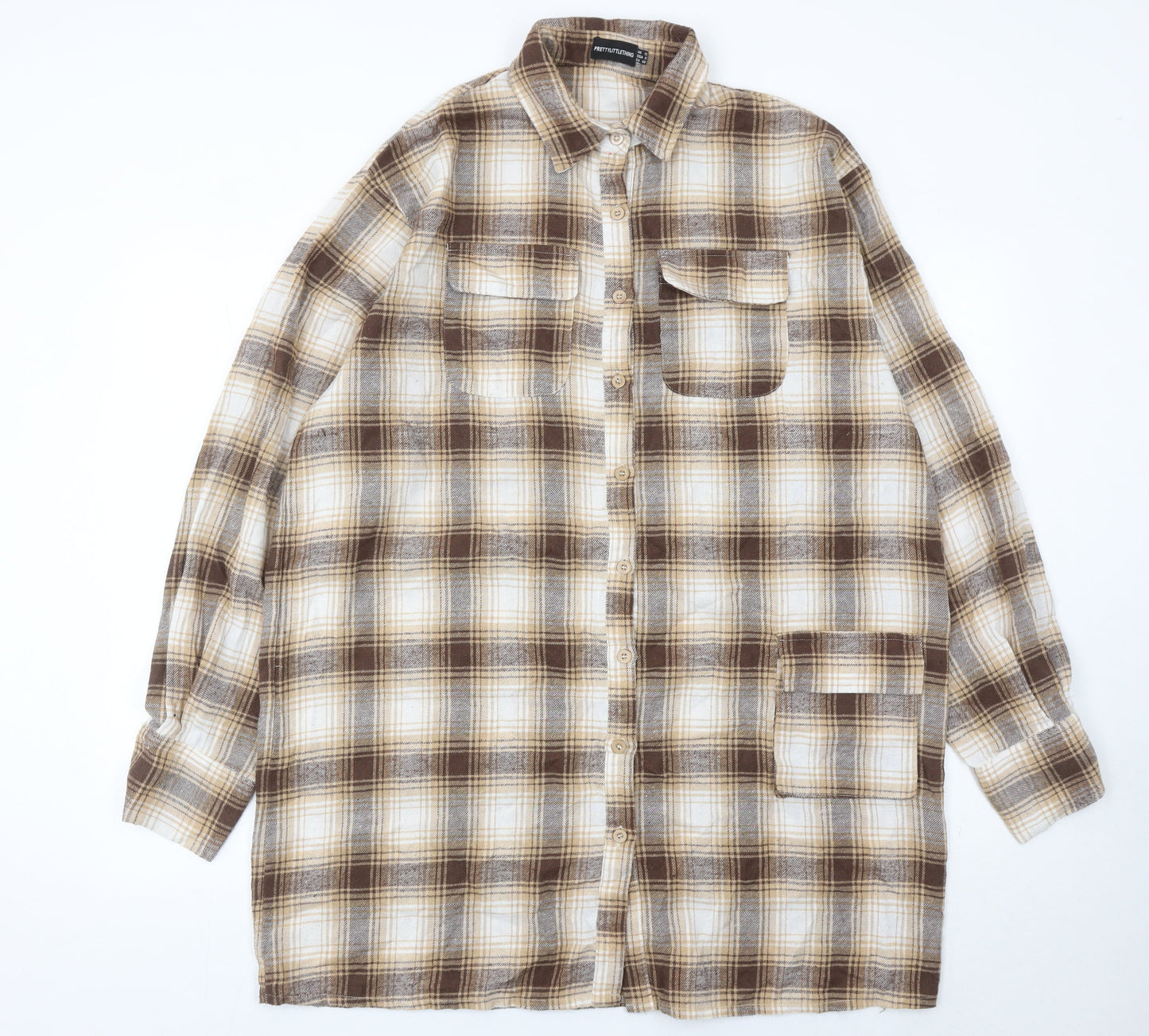 PrettyLittleThing Women Brown Plaid Flannel Button-Up Shirt UK 12