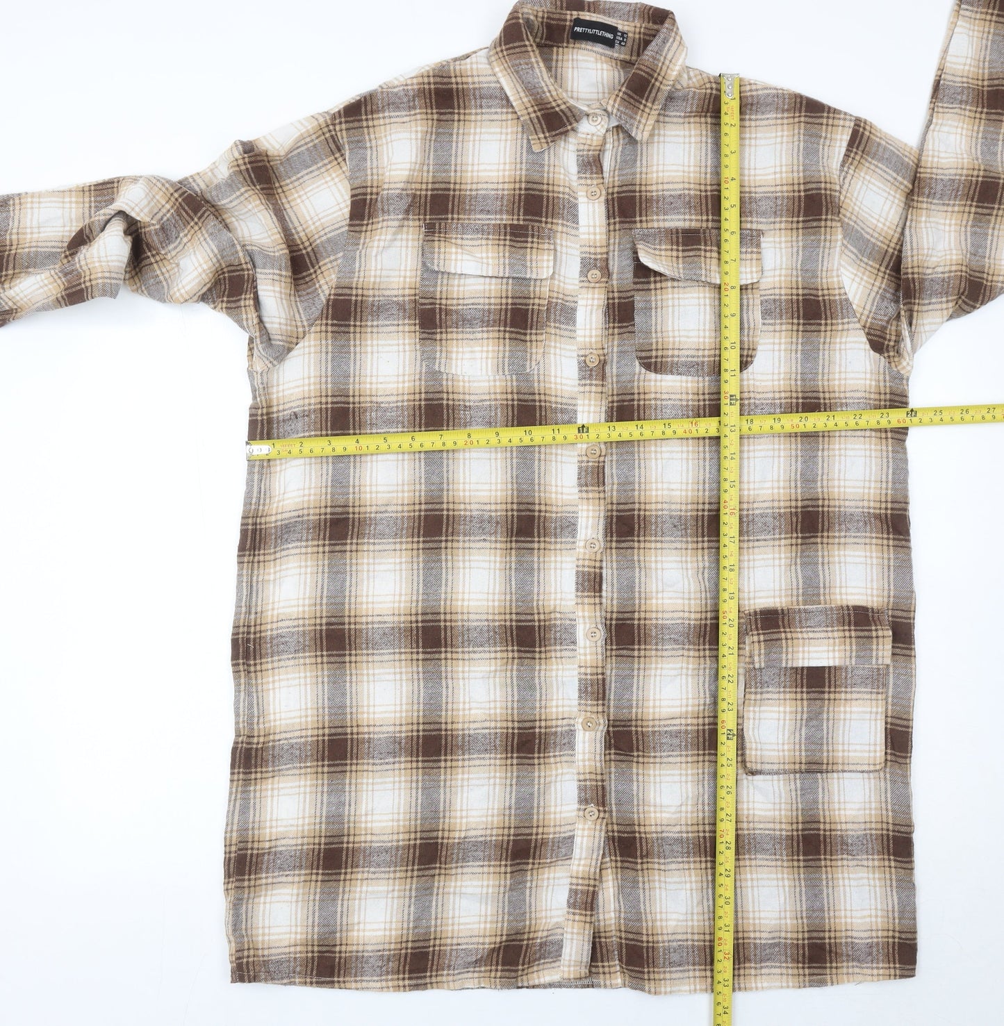 PrettyLittleThing Women Brown Plaid Flannel Button-Up Shirt UK 12