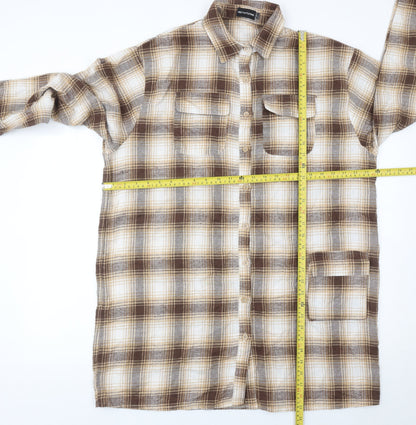 PrettyLittleThing Women Brown Plaid Flannel Button-Up Shirt UK 12
