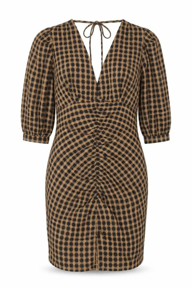 Front view of Object Women Brown Black Check Bodycon Dress, size 12