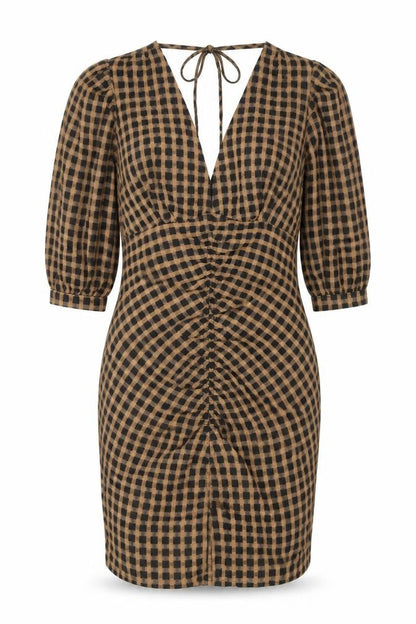 Front view of Object Women Brown Black Check Bodycon Dress, size 12