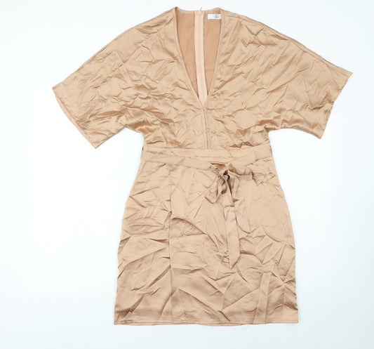 Additional front view of Missguided Women’s Beige, size UK 10, Wrap Dress Kimono Sleeve Short