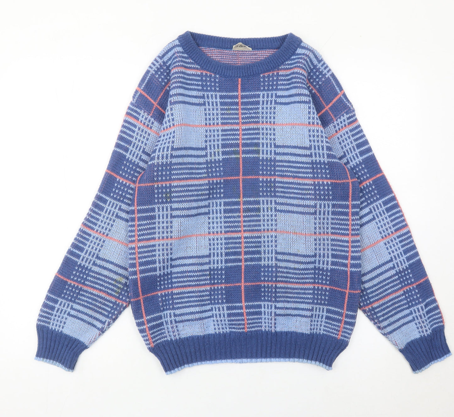 Highland Fair Men’s Blue Check Knit Jumper Small Crew Neck