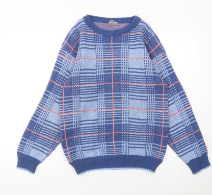 Highland Fair Men’s Blue Check Knit Jumper Small Crew Neck