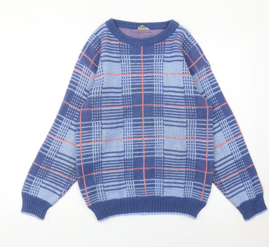Highland Fair Men’s Blue Check Knit Jumper Small Crew Neck