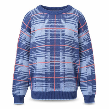 Highland Fair Men’s Blue Check Knit Jumper Small Crew Neck