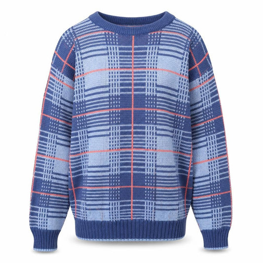 Highland Fair Men’s Blue Check Knit Jumper Small Crew Neck