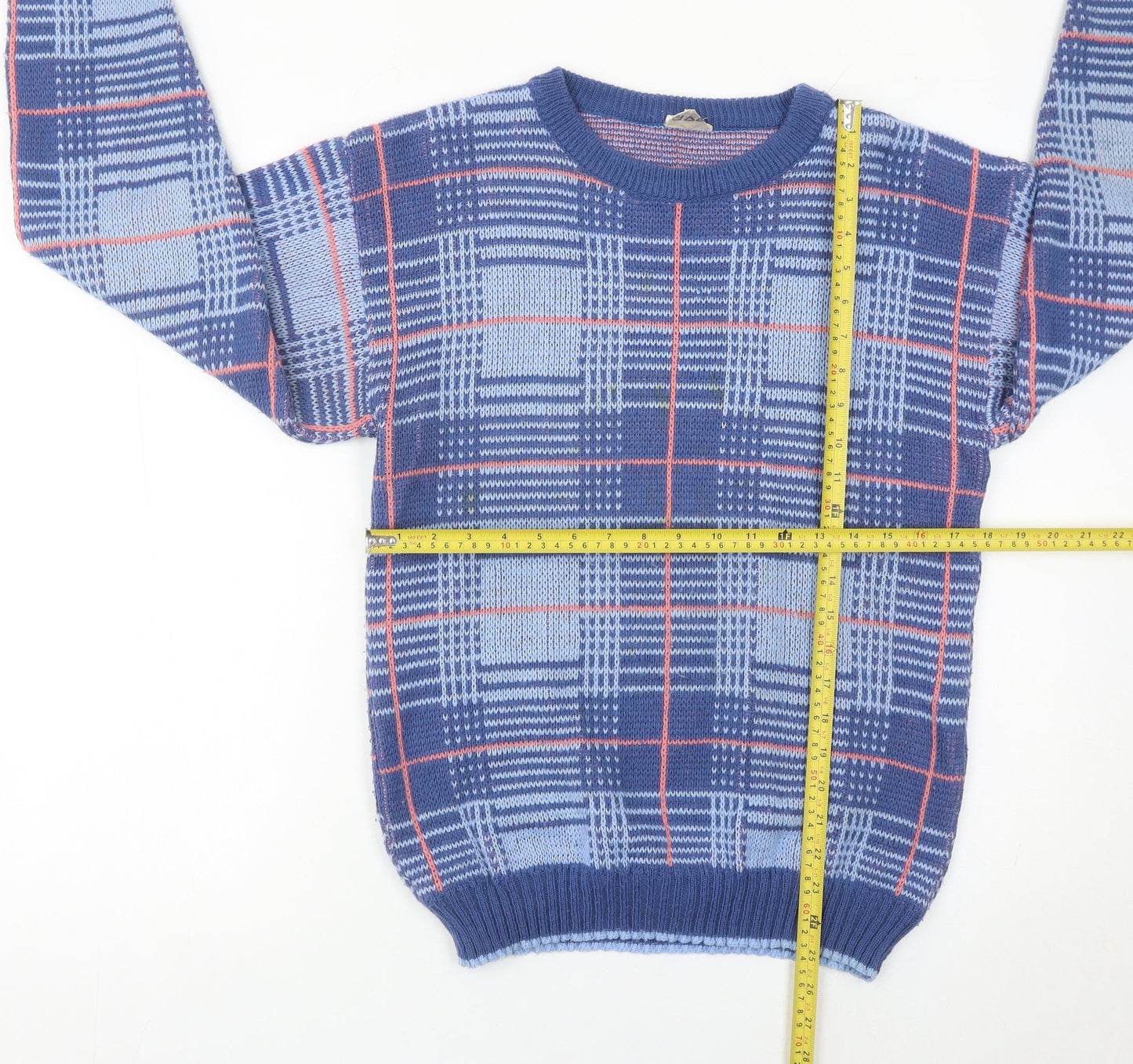 Highland Fair Men’s Blue Check Knit Jumper Small Crew Neck