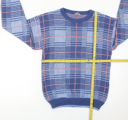 Highland Fair Men’s Blue Check Knit Jumper Small Crew Neck