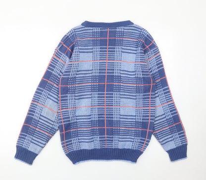 Highland Fair Men’s Blue Check Knit Jumper Small Crew Neck