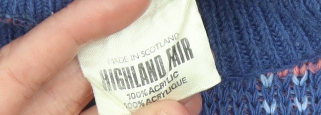 Highland Fair Men’s Blue Check Knit Jumper Small Crew Neck