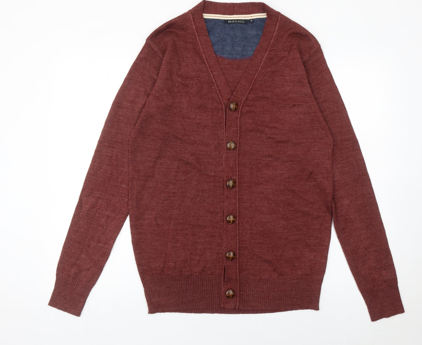 Brave Soul Men's Red Cardigan Jumper Size S V-Neck Knitwear