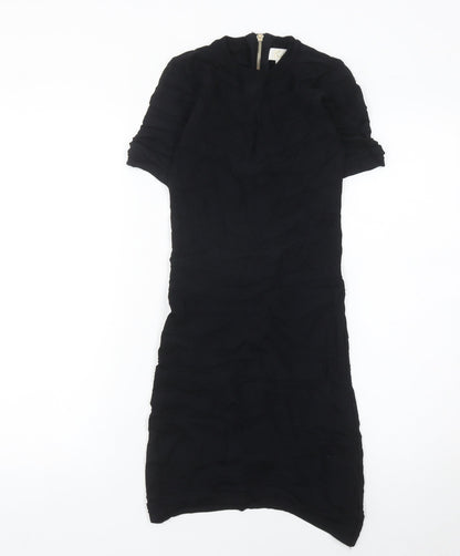 ICHI Women Black Midi Bodycon Dress Size S Half Sleeve High Neck