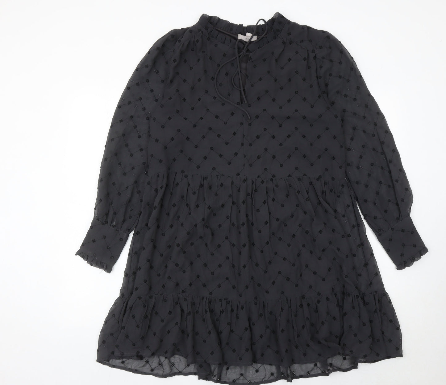 H&M Women’s Black Embroidered Shift Dress Size 8 Long Sleeve