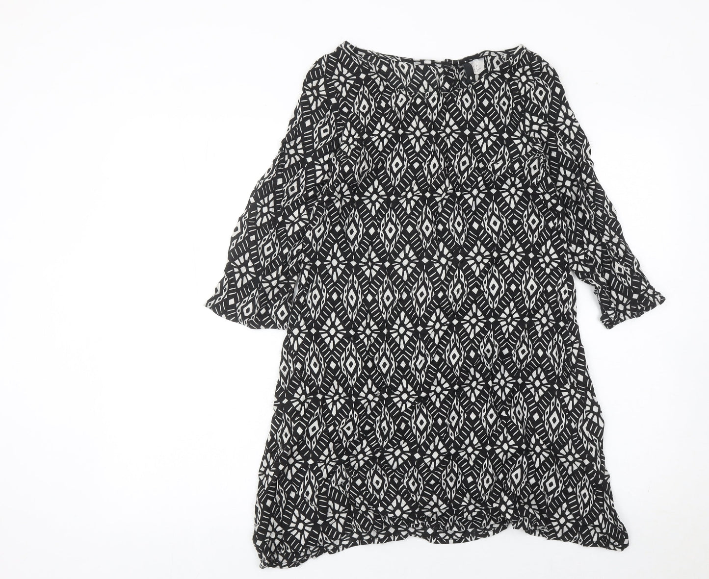 H&M Women’s Black Geometric Shift Dress Size 6 3/4 Sleeve