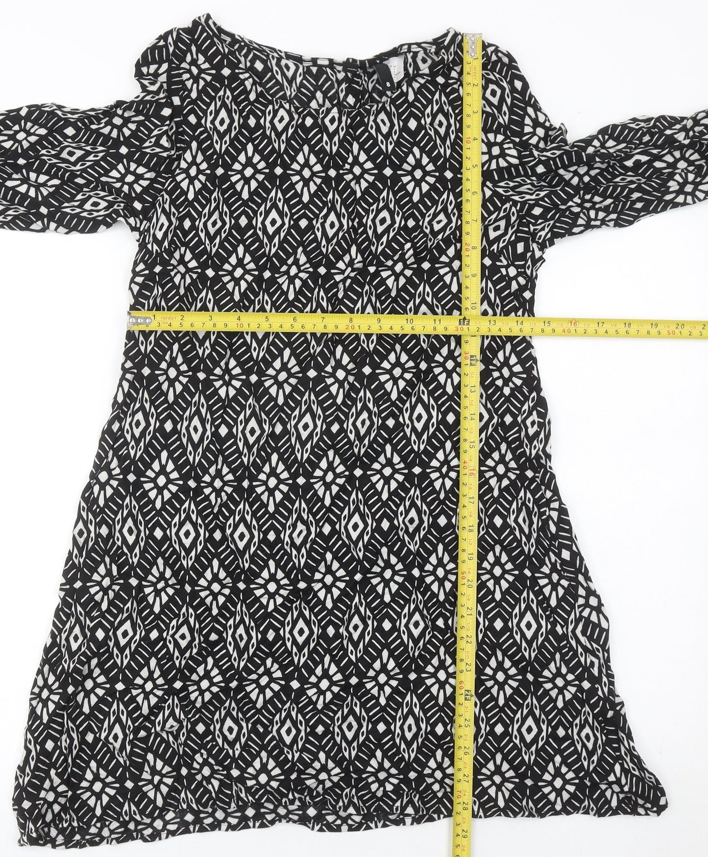 H&M Women’s Black Geometric Shift Dress Size 6 3/4 Sleeve