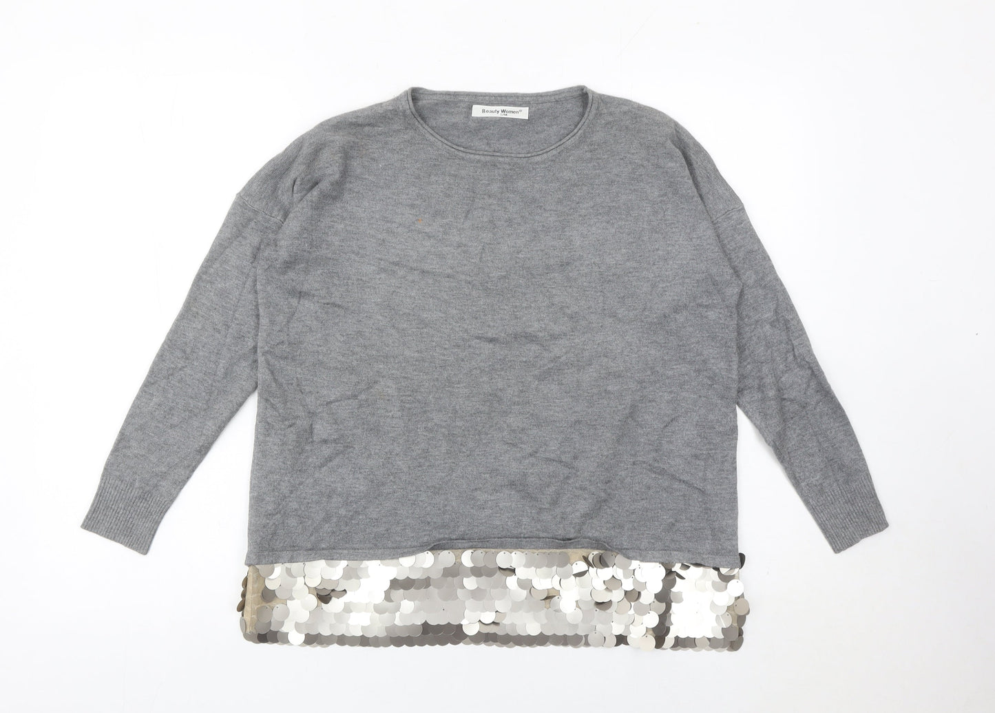 Beauty Women Grey Sequin Hem Pullover Jumper Womens S Long Sleeve Party Knit