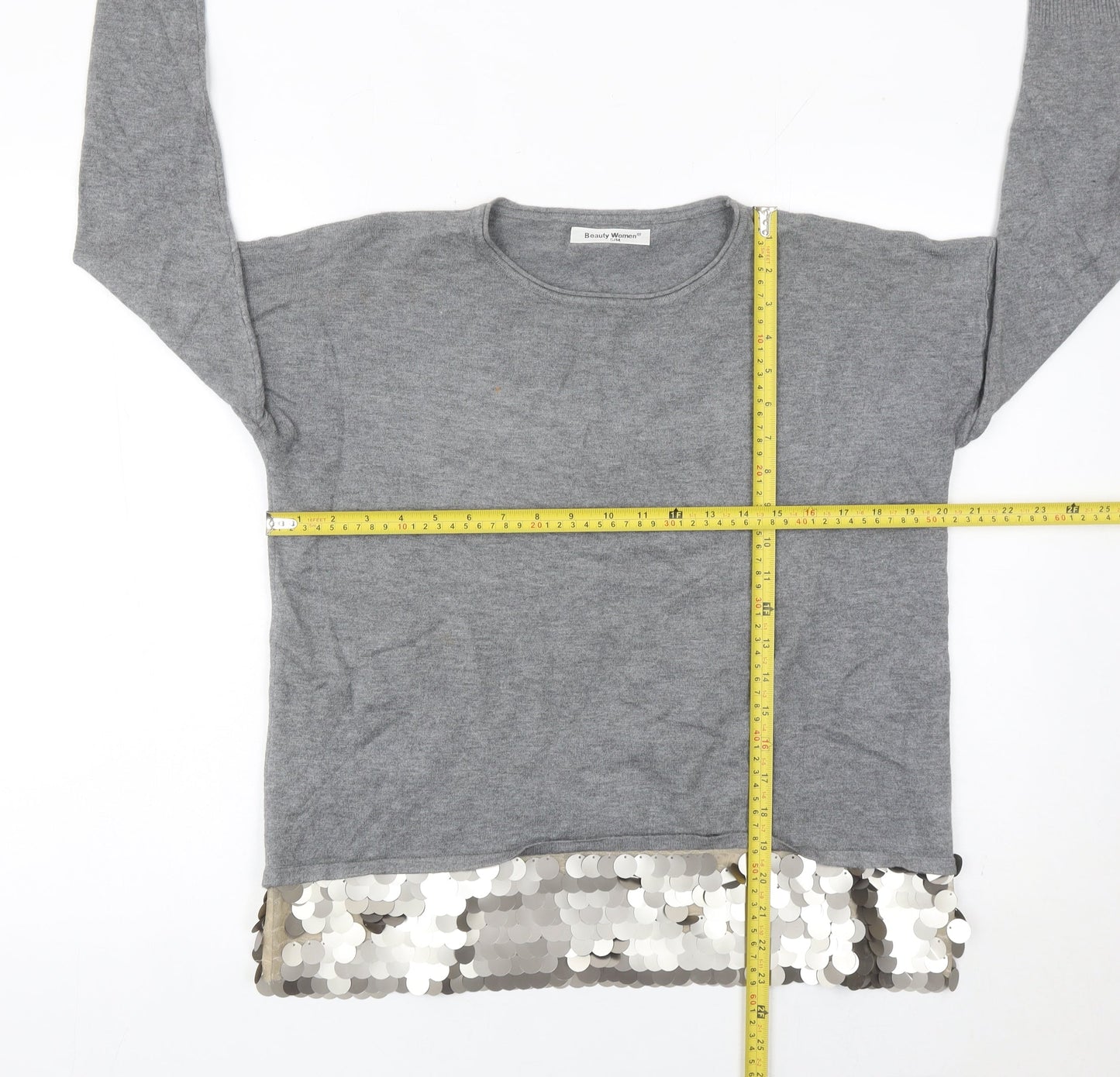 Beauty Women Grey Sequin Hem Pullover Jumper Womens S Long Sleeve Party Knit
